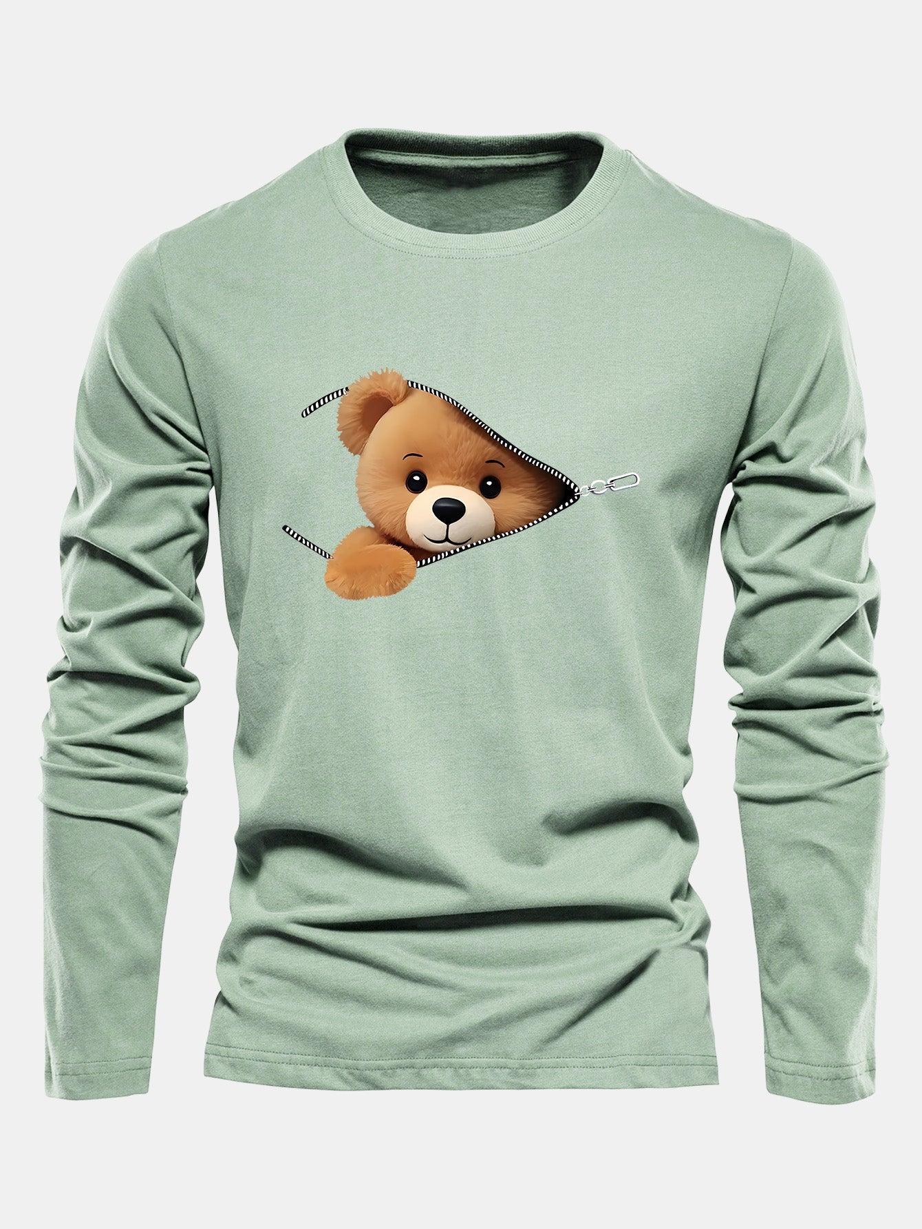 Long Sleeve Zipper Bear Print Cotton T-Shirt