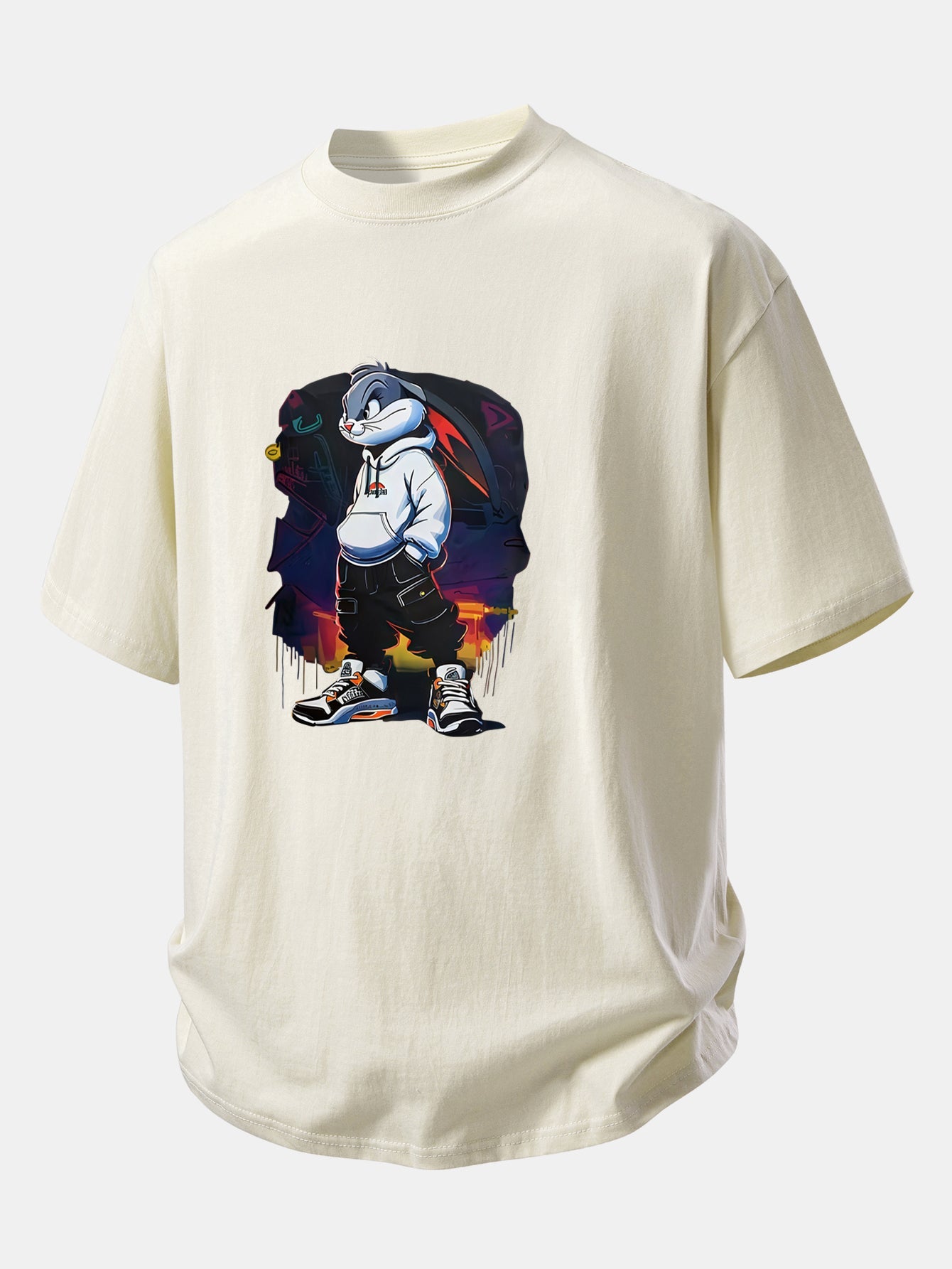 Relax Fit Cartoon Rabbit Print Cotton T-Shirt