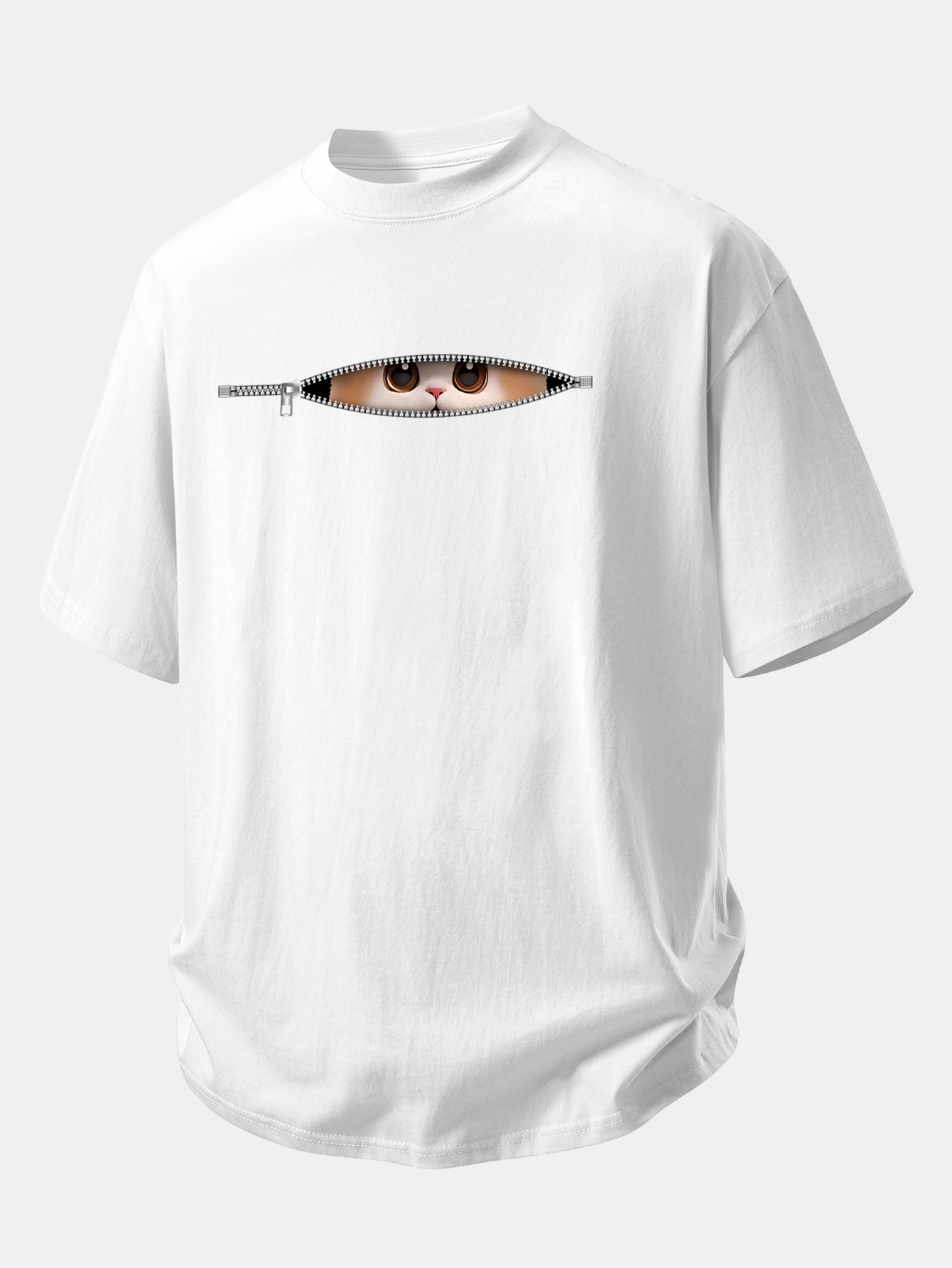 Relax Fit Zipper Cat Print Cotton T-Shirt