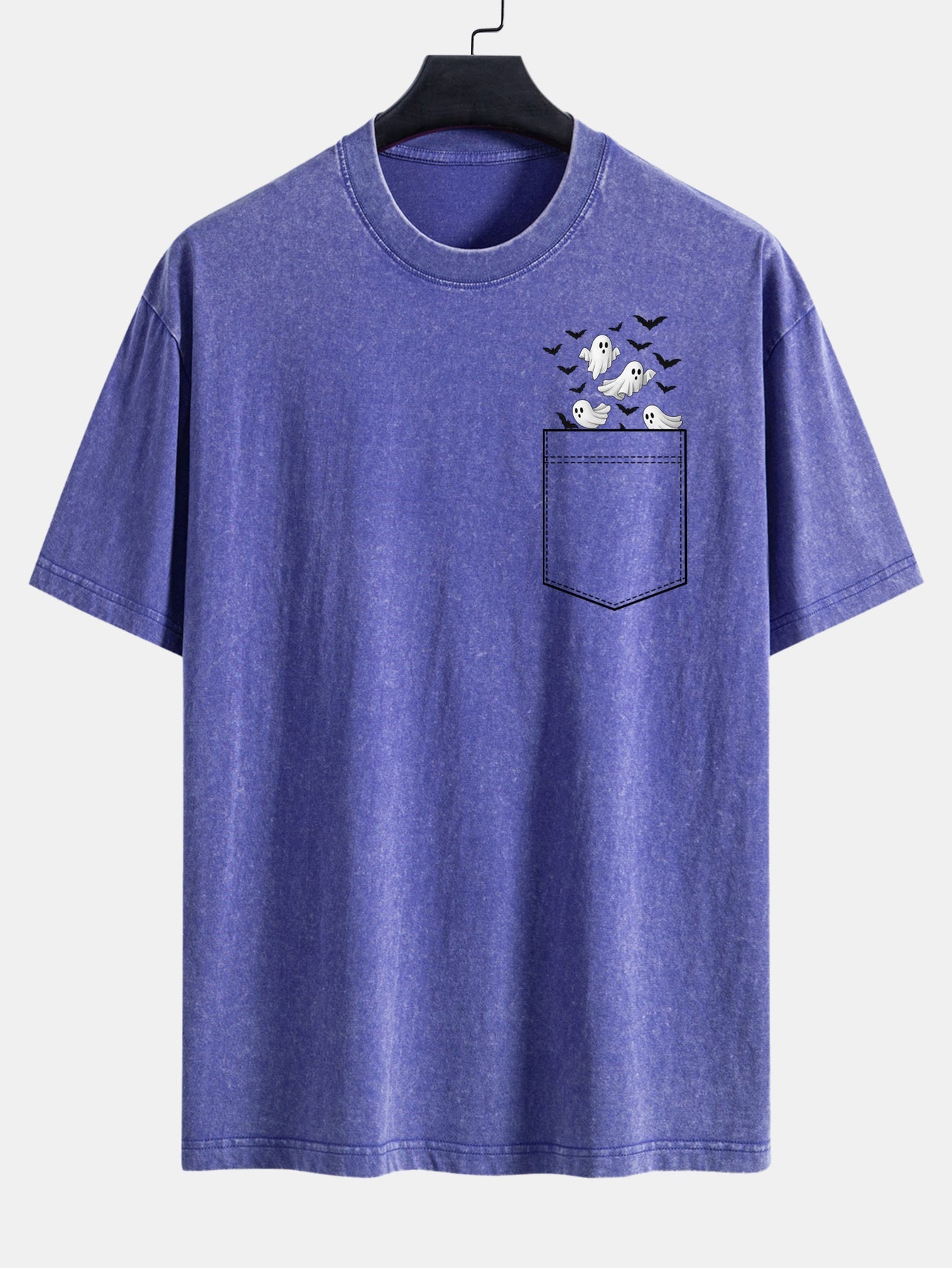 Pocket Bat Ghost Print Washed Distressed Drop Shoulder T-Shirt