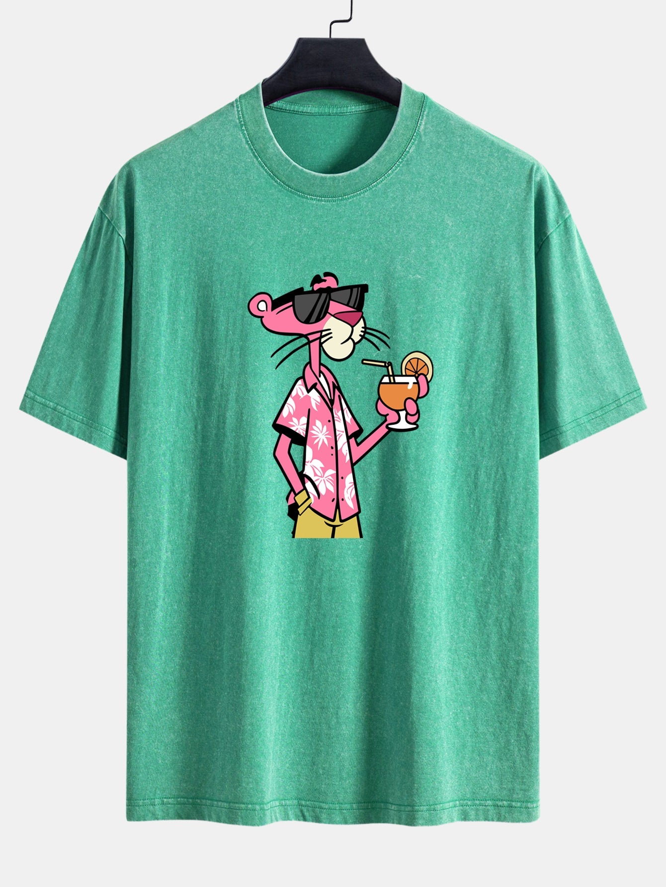 Vacation Pink Panther Print Washed Distressed Drop Shoulder T-Shirt