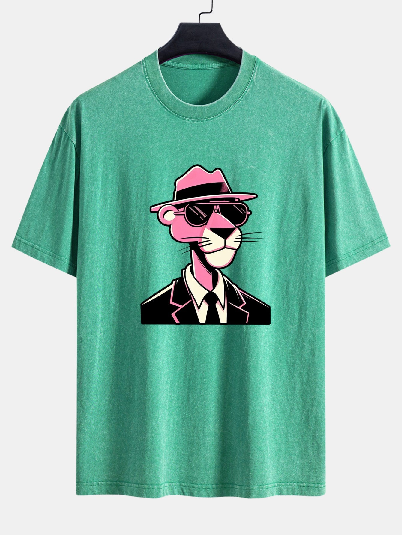 Pink Gentleman Panther Print Washed Distressed Drop Shoulder T-Shirt