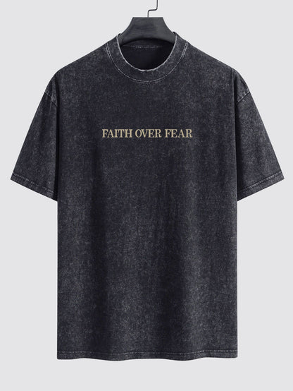 Faith Over Fear Print Washed Distressed Drop Shoulder T-Shirt