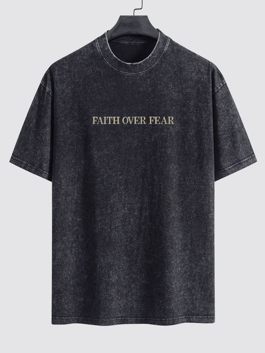 Faith Over Fear Print Washed Distressed Drop Shoulder T-Shirt