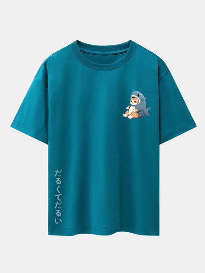 Cat In Shark Costume Print Drop Shoulder Oversize T-Shirt