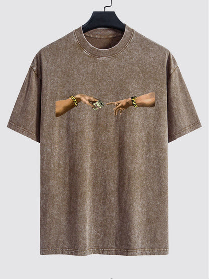 Dollar Hand Print Washed Drop Shoulder Oversize T-Shirt