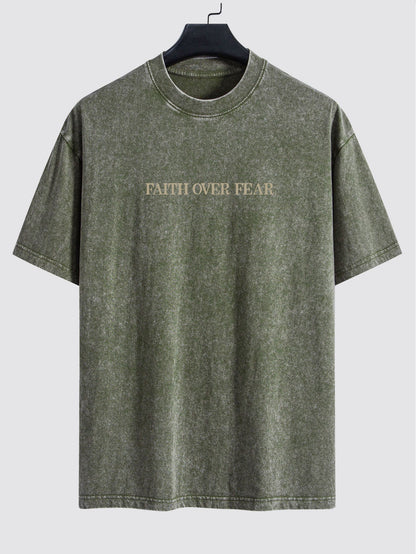 Faith Over Fear Print Washed Distressed Drop Shoulder T-Shirt
