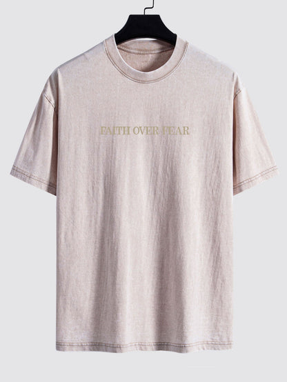 Faith Over Fear Print Washed Distressed Drop Shoulder T-Shirt