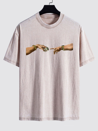 Dollar Hand Print Washed Drop Shoulder Oversize T-Shirt