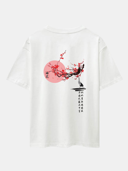 Plum Blossom And Crane Back Print Drop Shoulder Oversize T-Shirt