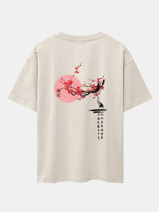 Plum Blossom And Crane Back Print Drop Shoulder Oversize T-Shirt