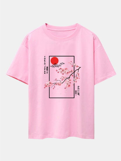 Cherry Blossom Slogan Print Drop Shoulder Oversize T-Shirt