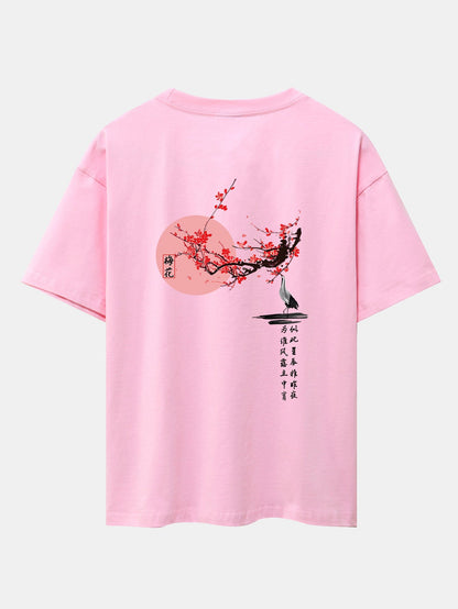 Plum Blossom And Crane Back Print Drop Shoulder Oversize T-Shirt