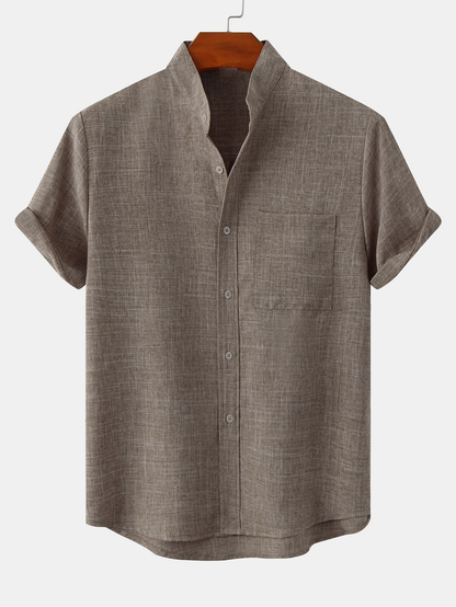 Man Stand Collar Shirt Whit Pocket