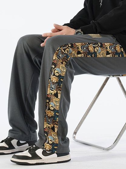 Bear Print Patchwork Straight Leg Pants