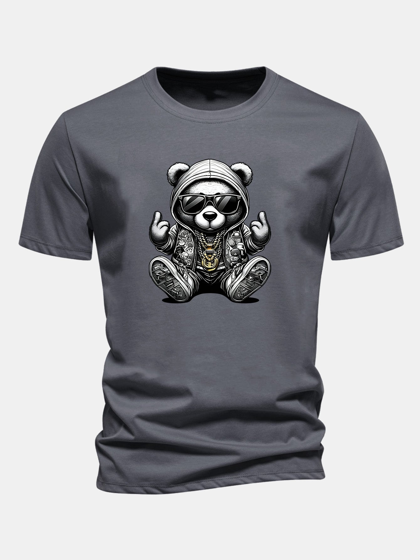Regular Fit Hip Hop Bear Print Cotton T-Shirt