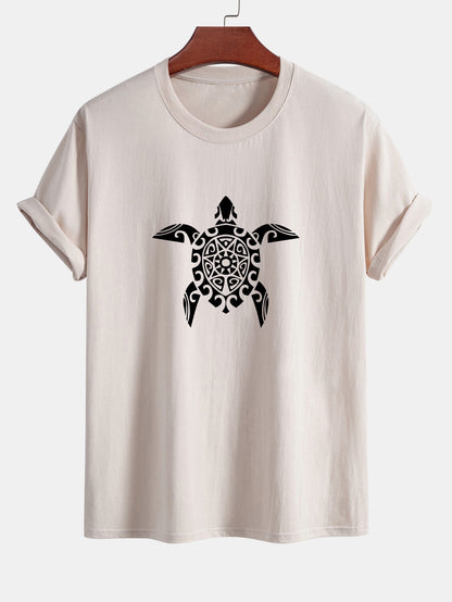Regular Fit Geometric Turtle Print Cotton T-Shirt