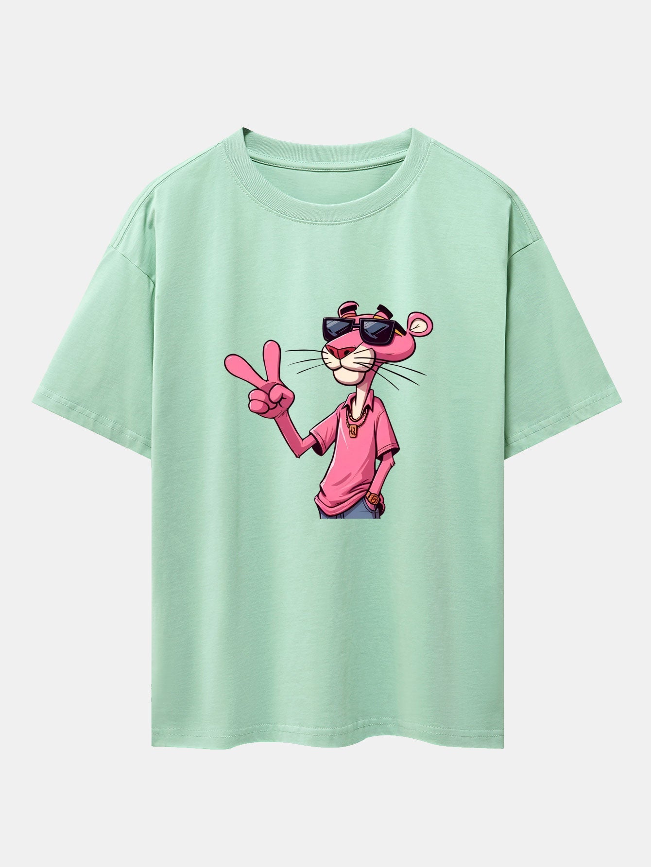 Pink Panther With V Sign Print Drop Shoulder Oversize T-Shirt