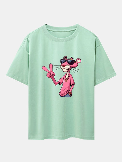 Pink Panther With V Sign Print Drop Shoulder Oversize T-Shirt