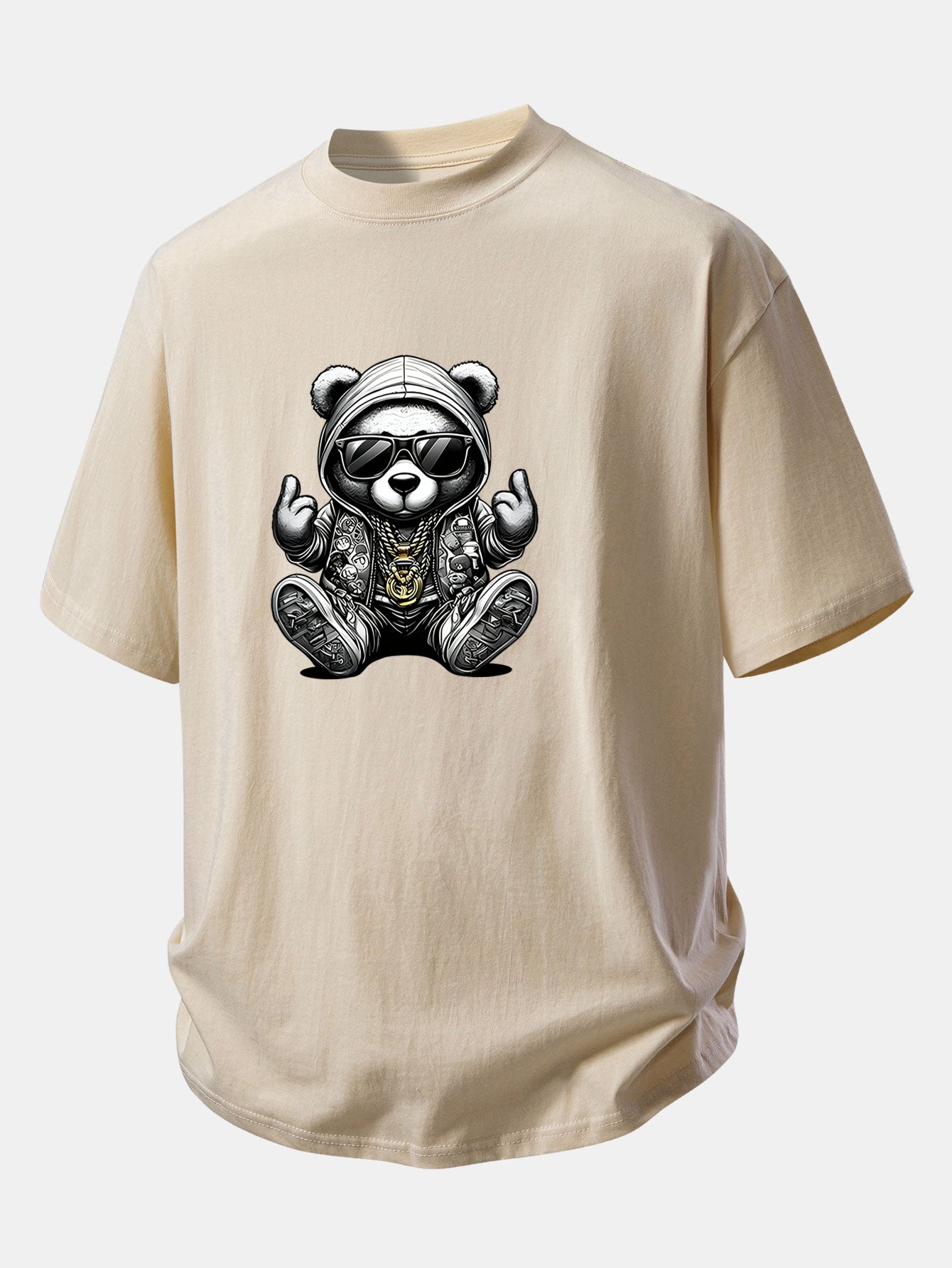Relax Fit Hip Hop Bear Print Cotton T-Shirt