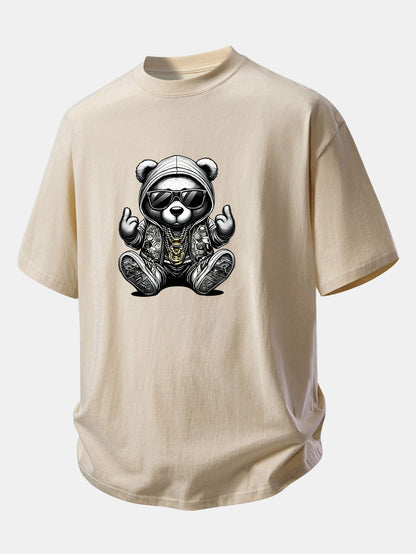 Relax Fit Hip Hop Bear Print Cotton T-Shirt