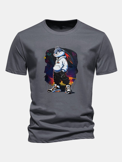 Regular Fit Cartoon Rabbit Print Cotton T-Shirt