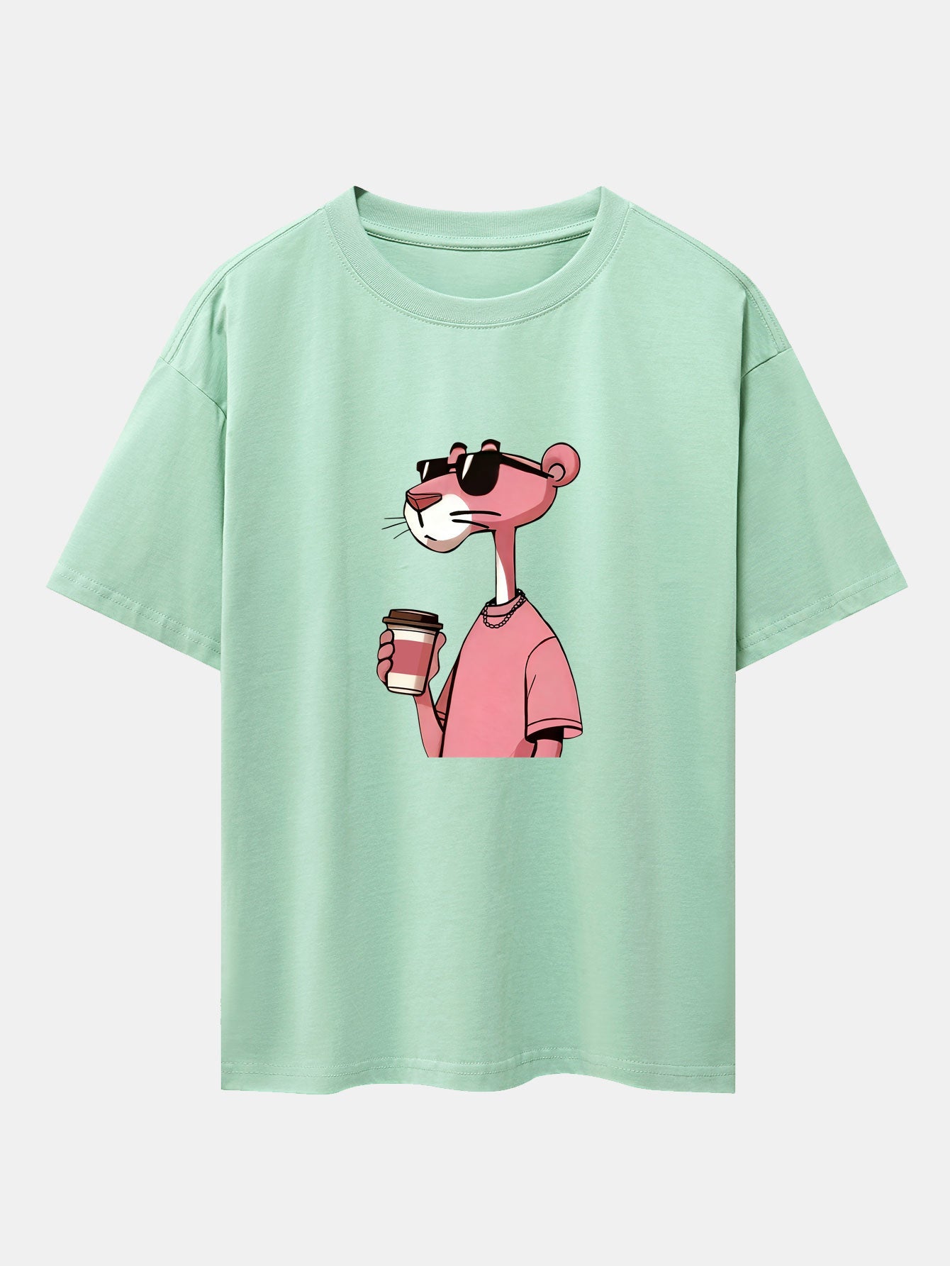 Pink Panther Drinking Coffee Print Drop Shoulder Oversize T-Shirt