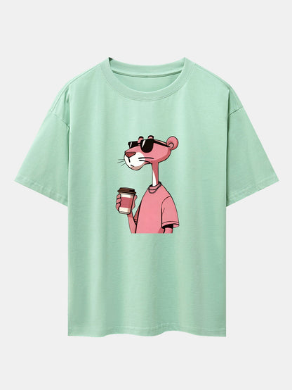 Pink Panther Drinking Coffee Print Drop Shoulder Oversize T-Shirt