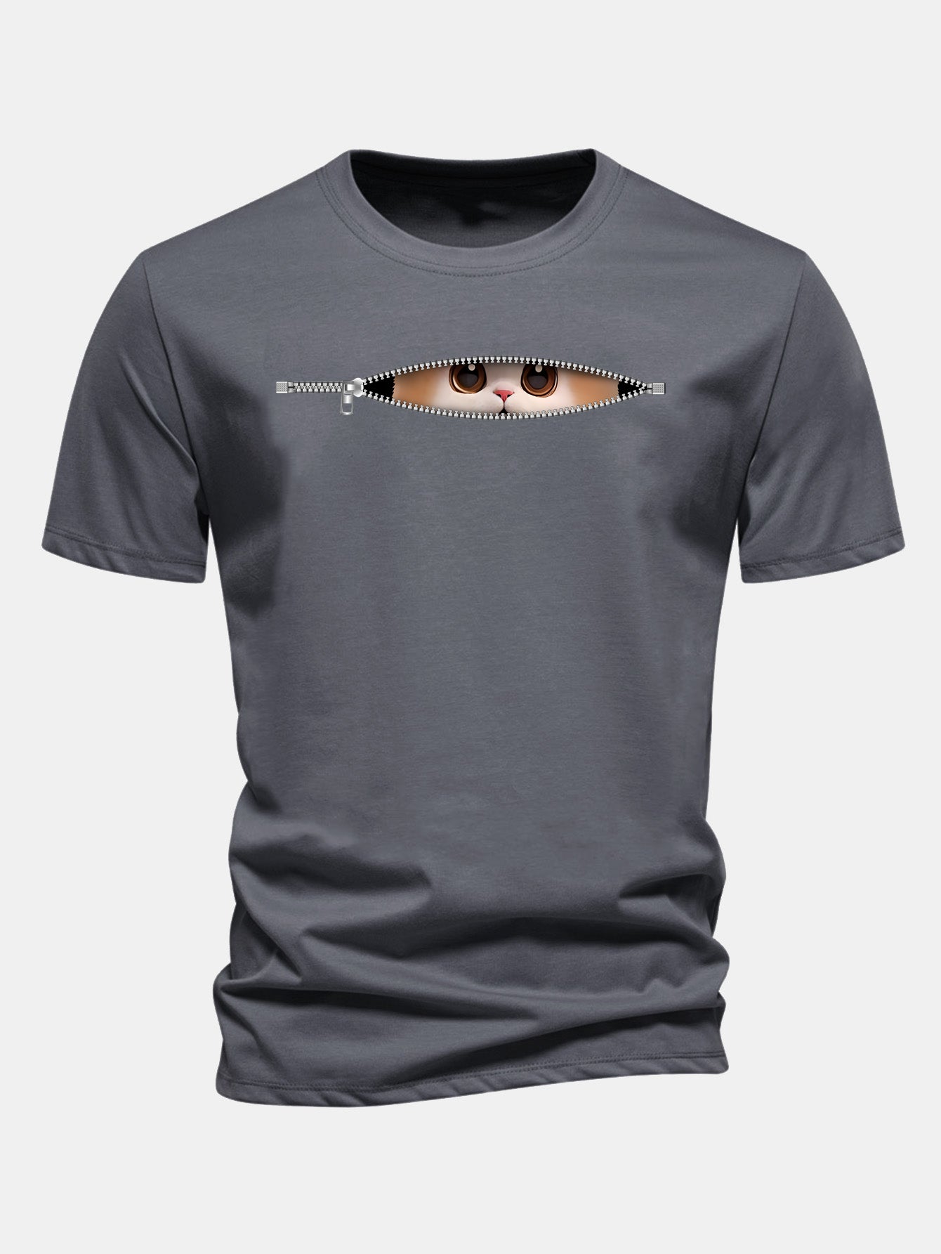 Regular Fit Zipper Cat Print Cotton T-Shirt