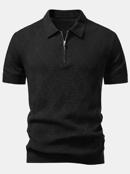 Rhombus Textured Zip Up Knitted Polo Shirt