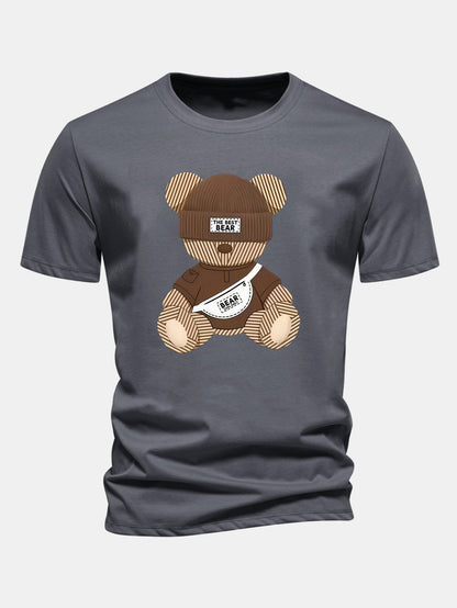 Regular Fit Stripe Bear Print Cotton T-Shirt