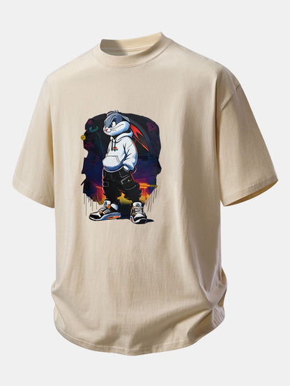 Relax Fit Cartoon Rabbit Print Cotton T-Shirt