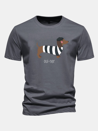 Regular Fit French Dachshund Print Cotton T-Shirt