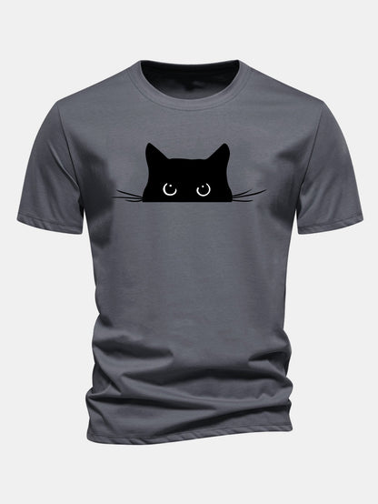 Regular Fit Black Cat Print Cotton T-Shirt