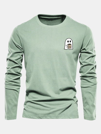 Long Sleeve Ghost Drinking Coffee Print Cotton T-Shirt