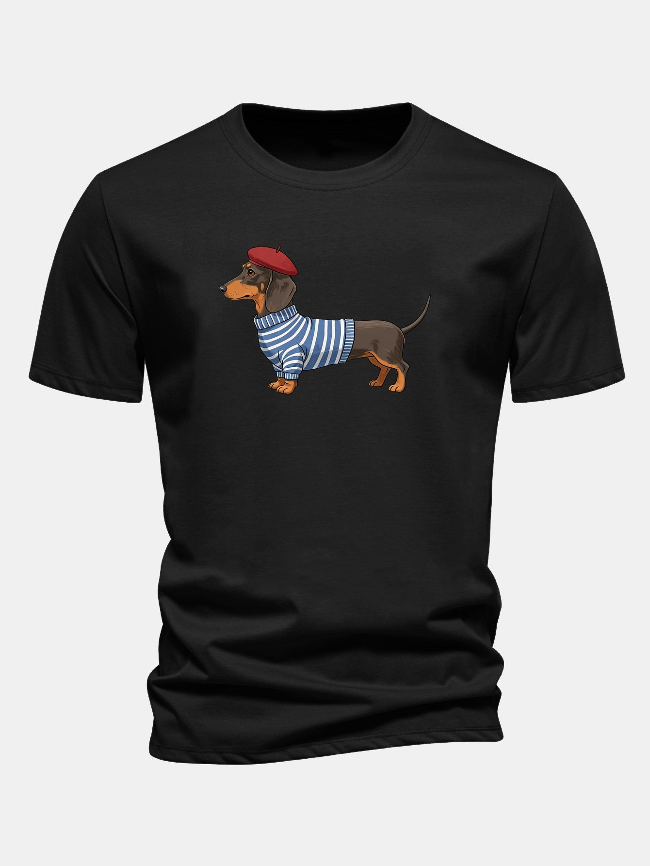Regular Fit Dachshund Wearing Striped Sweater Print Cotton T-Shirt