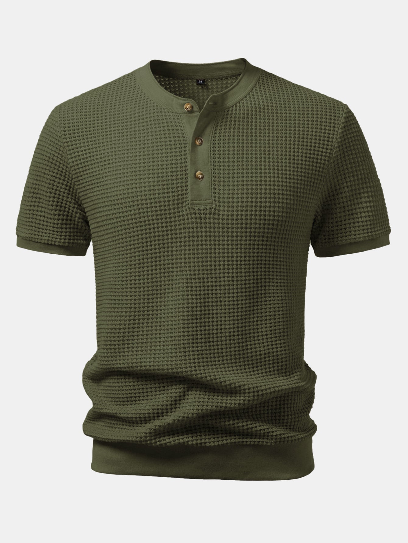 Waffle Textured Ribbed Hem Henley Shirt