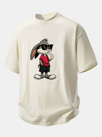 Relax Fit Cartoon Rabbit Print Cotton T-Shirt