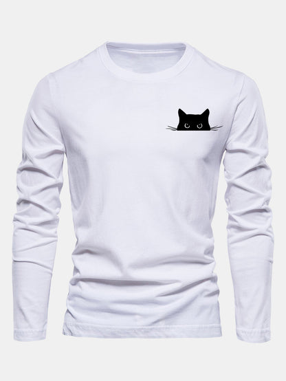 Long Sleeve Black Cat Print Cotton T-Shirt
