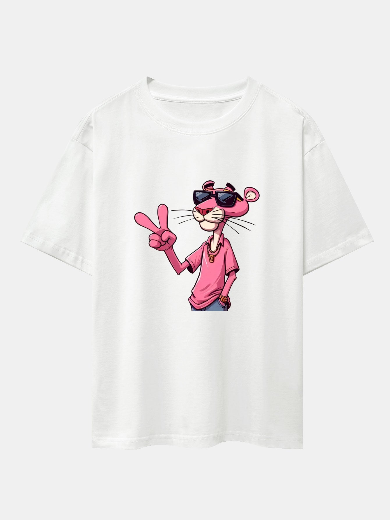 Pink Panther With V Sign Print Drop Shoulder Oversize T-Shirt