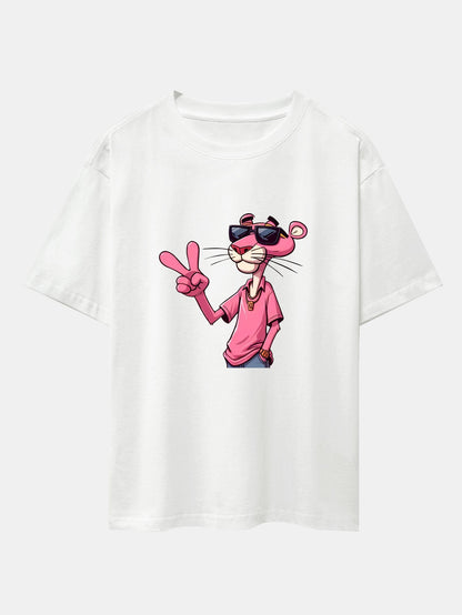 Pink Panther With V Sign Print Drop Shoulder Oversize T-Shirt