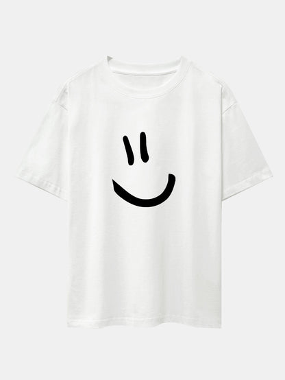 Smiley Face Print Drop Shoulder Oversize T-Shirt