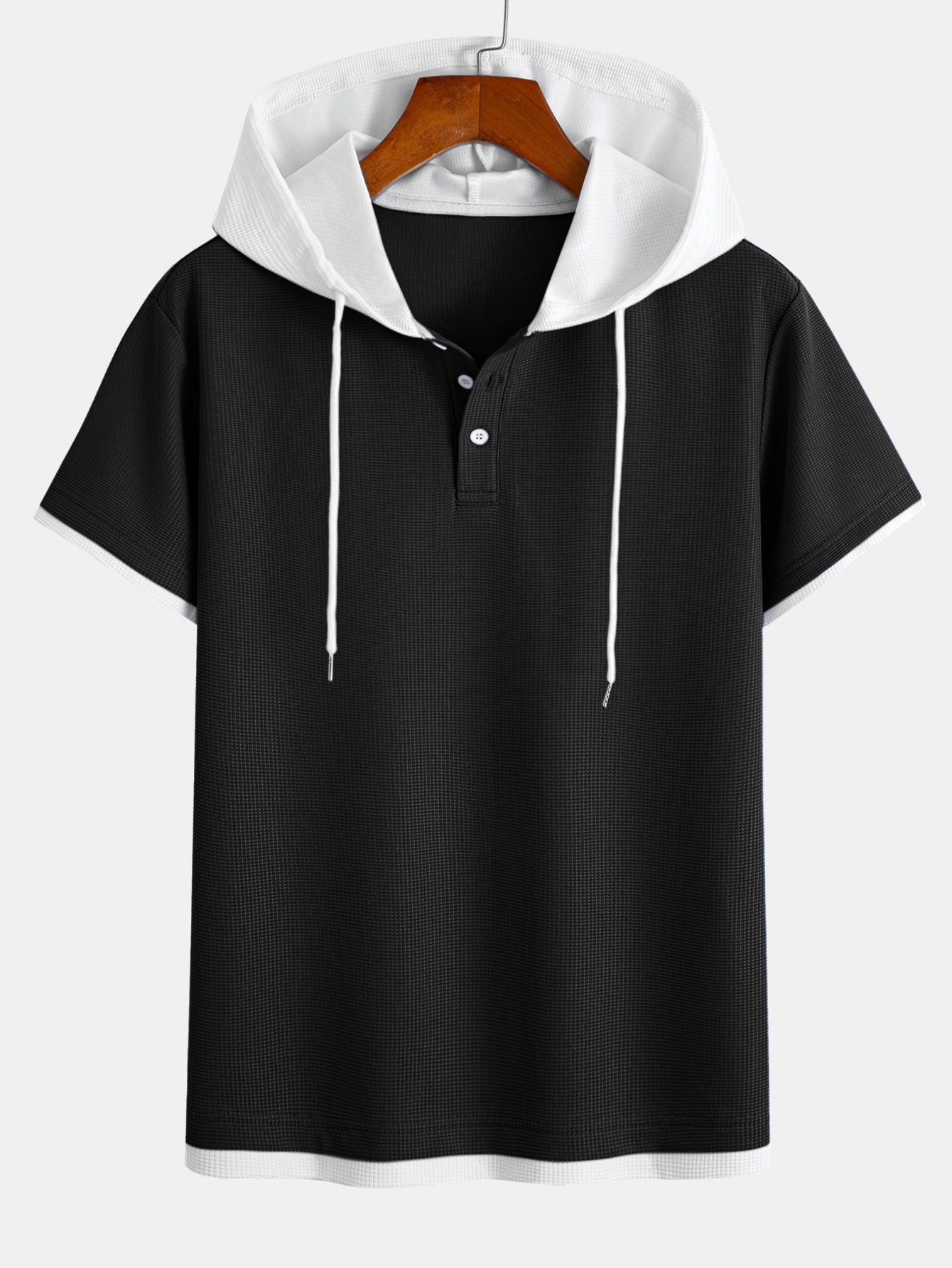 Contrast Button-Placket Waffle Hooded T-Shirt