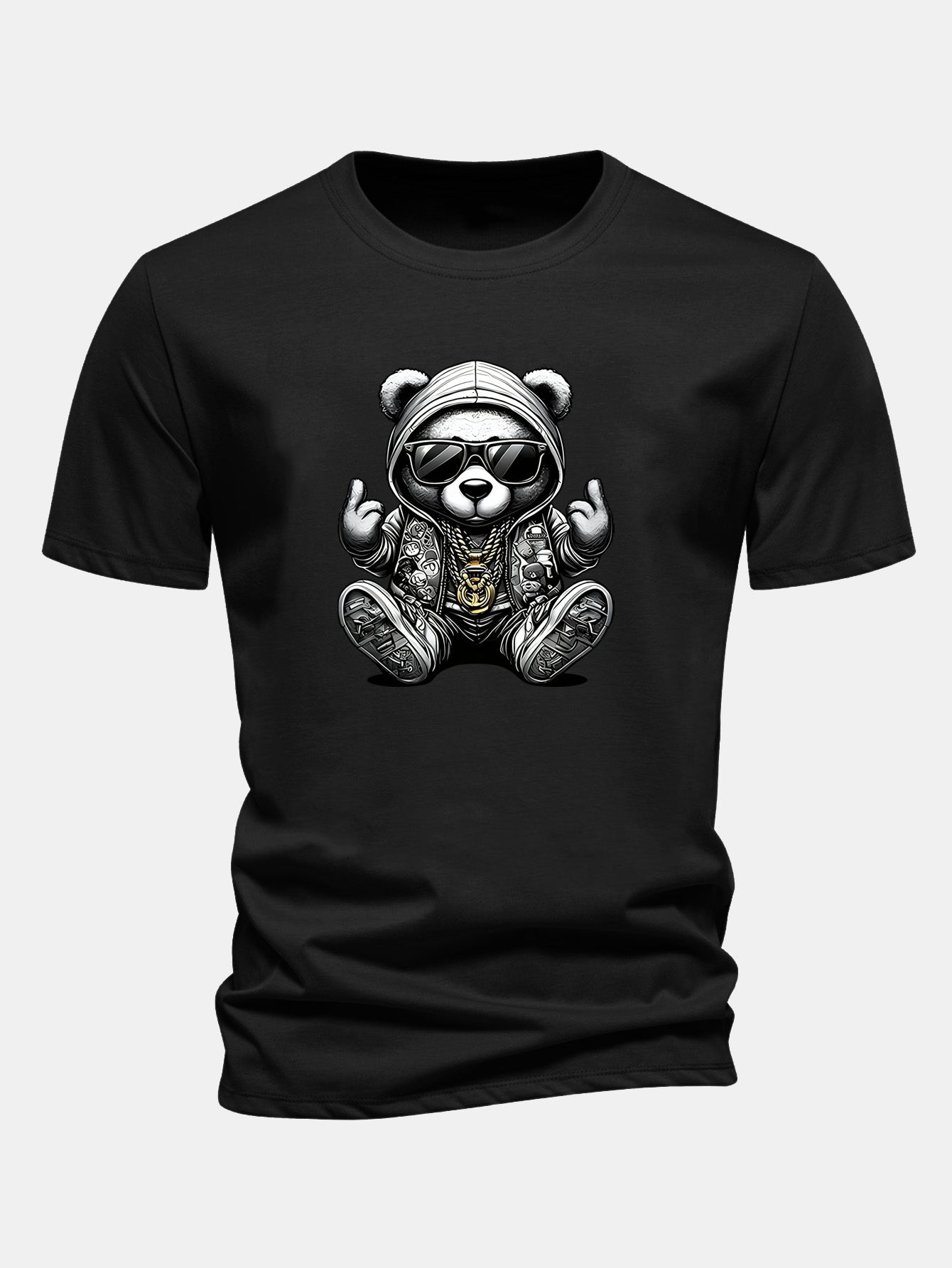 Regular Fit Hip Hop Bear Print Cotton T-Shirt