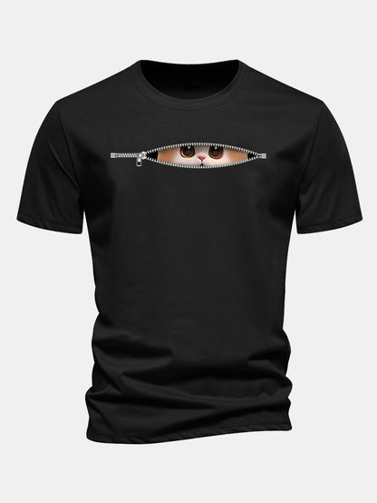 Regular Fit Zipper Cat Print Cotton T-Shirt