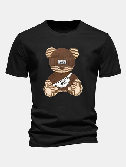 Regular Fit Stripe Bear Print Cotton T-Shirt