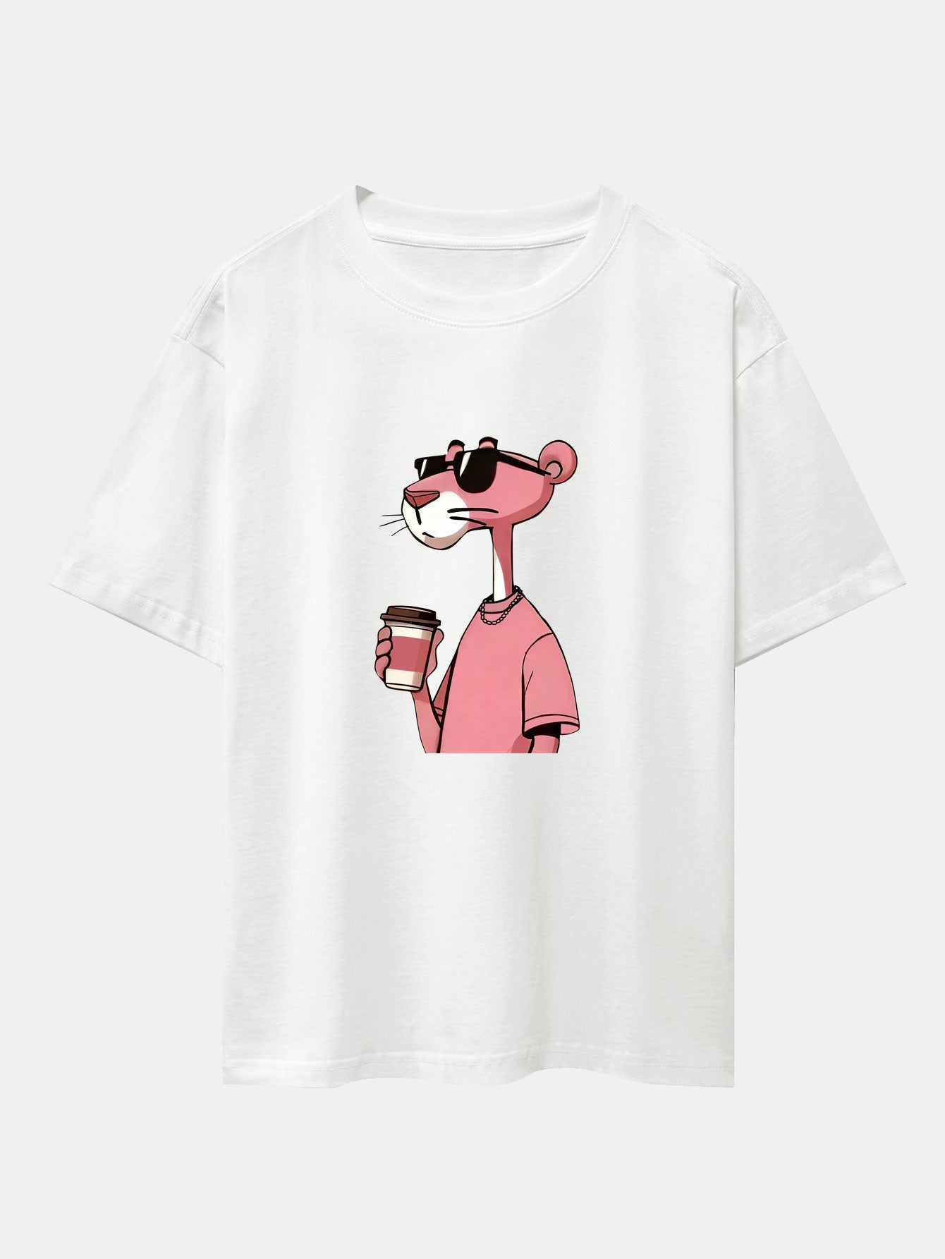 Pink Panther Drinking Coffee Print Drop Shoulder Oversize T-Shirt