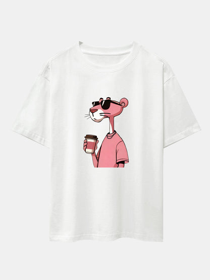 Pink Panther Drinking Coffee Print Drop Shoulder Oversize T-Shirt