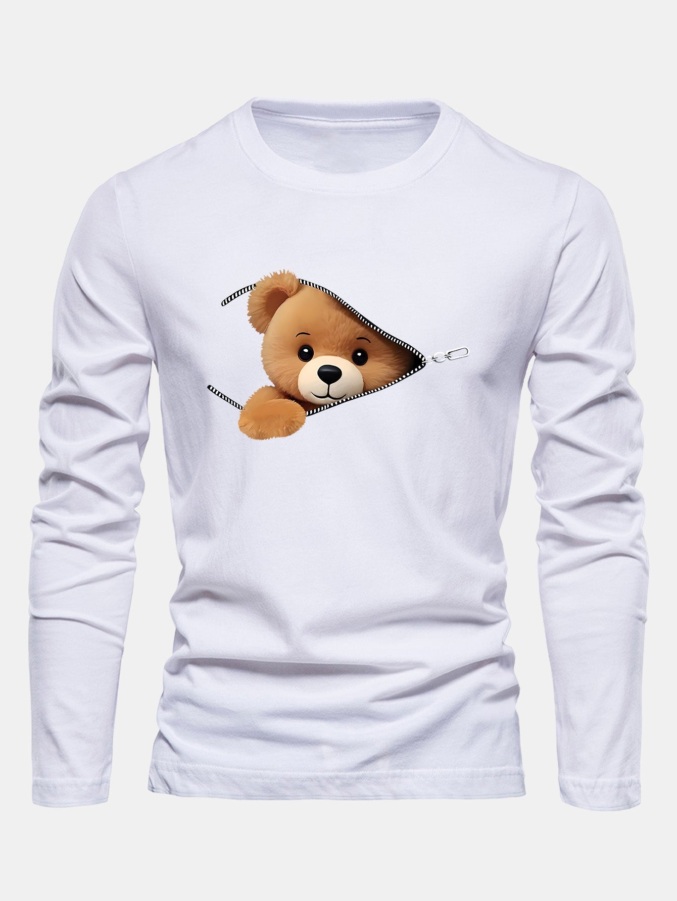 Long Sleeve Zipper Bear Print Cotton T-Shirt