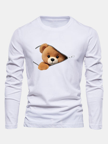 Long Sleeve Zipper Bear Print Cotton T-Shirt